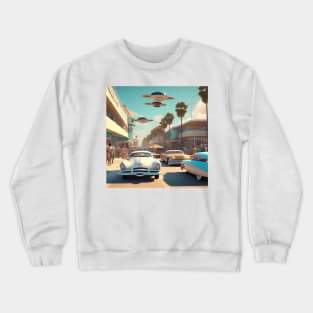 A Retro-Futuristic Image Of A California Beach City Crewneck Sweatshirt